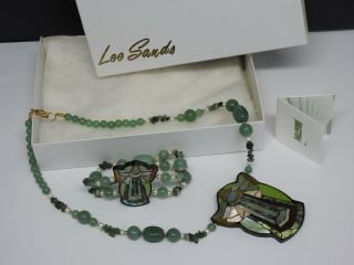 Vintage Lee Sands Angel Necklace & Bracelet Mop Inlay Jewelry Set W/ Box & Tag