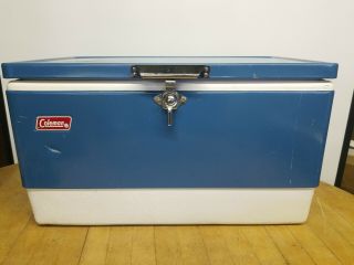 Vintage 1970s Coleman Large Metal Cooler Ice Chest Box Blue W/ Bottle Openers.