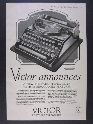 1927 Victor Portable Typewriter Illustration Art Vintage Print Ad