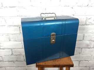 Vintage Blue Metal Document Filing Storage Box With Handle