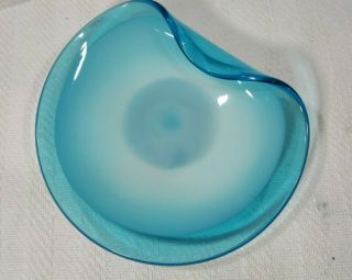 Vintage Aqua Blue Cased Murano Empoli Italian Art Glass Bowl Round Corner Flip