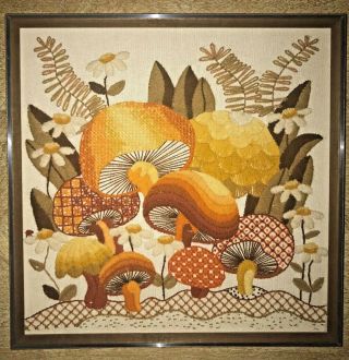 Vintage Crewel Embroidery Picture Mod Merry Mushrooms Framed 17 " Square Retro