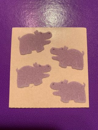 Vintage Sandylion Fuzzy Brown Back Sticker Mod Purple Hippos