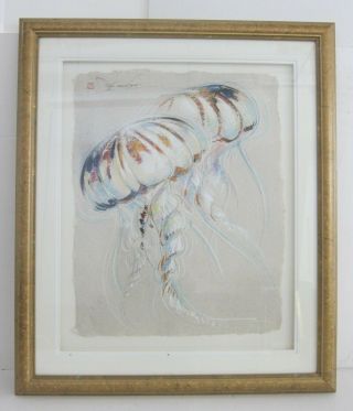 Dan Chen Signed Stamped Vintage 1996 Jellyfish Mixed Media Painting Framed 28x33