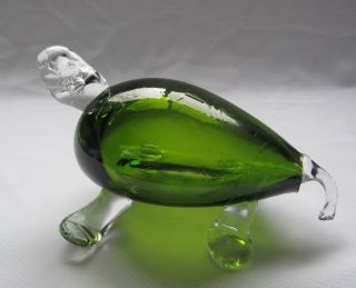 Vintage Art Glass Figurine Oval Turtle With Long Crystal Tail And Feet Green