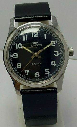 Swiss Made Vintage Fortis Black Dial Hand Winding 17j Wrist Watch Men 