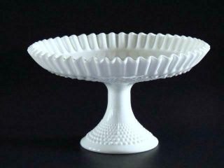 Vtg Fenton Milk Glass Hobnail Pedestal Fruit,  Cupcake Or Cake Bowl Prelogo