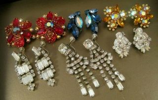 6 Pr Vtg Clear & Color Rhinestone Clip - On & Screwback Earrings Weiss Beau Jewels