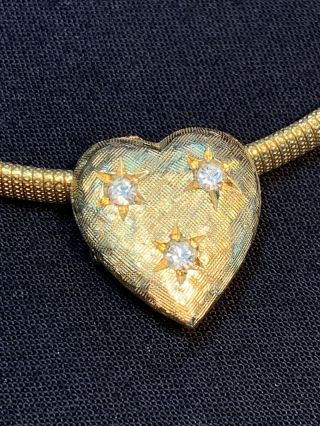 Vintage Gold Tone Glass Rhinestone Patterned Quality Heart Pendant Necklace 18”