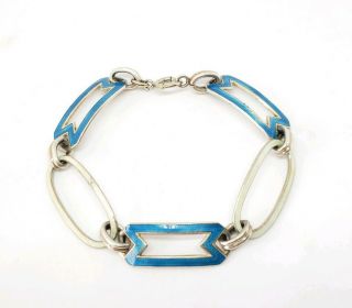Vintage Sterling Silver 925 Guilloche Enamel Blue And White Fancy Link Bracelet