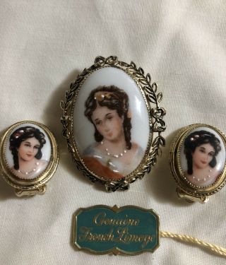 French Limoge Cameo Brooch & Earrings Porcelain Gold Plate Hand Painted Vintage