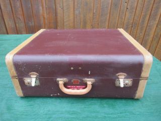 Vintage Suitcase Burgundy And Tan Color Luggage 21 " Long Great For Decoration