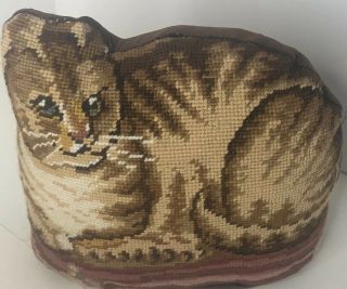 Vintage Needlepoint Doorstop Stay Kitty Cat Shape