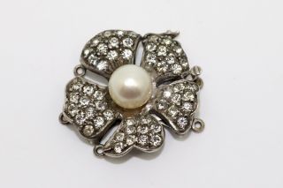A Large Vintage Sterling Silver 925 Cultured Pearl & Paste Flower Clasp 14017