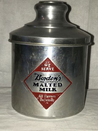 Vintage Borden’s Malted Milk Soda Fountain Advertising Tin Canister 1940 - 50’s
