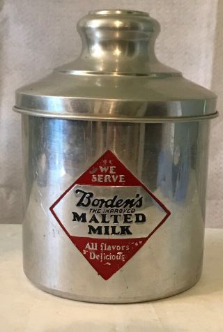 Vintage BORDEN’S Malted Milk Soda Fountain Advertising Tin Canister 1940 - 50’s 2