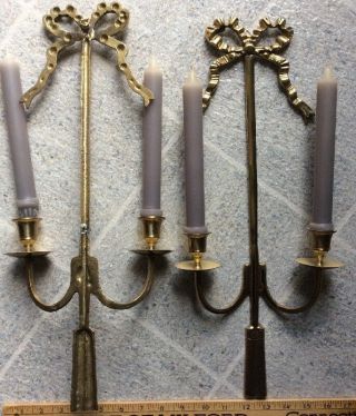 Pair Vintage Brass Double Arm Candle Holder Wall Sconces With Bow