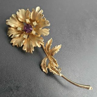 Signed Coro Vintage Brushed Gold Tone Flower Amethyst Rhinestone Brooch Pin U46