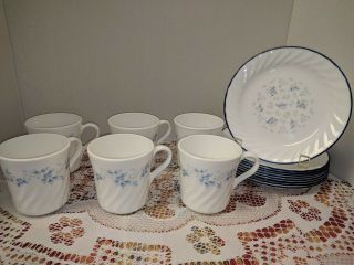 Vintage Corelle By Corning 6 Coffee Cup Mug 9 Salad Plates Blue Fleur