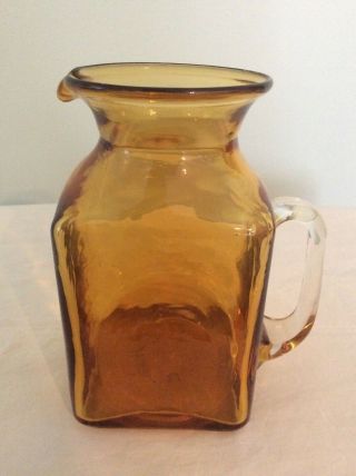 Vintage Blenko Hand Blown Amber Pitcher Clear Glass Attached Handle Rough Pontil