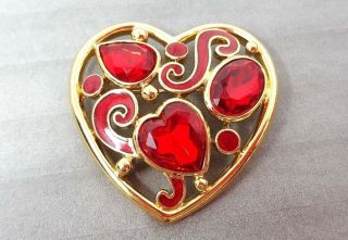 Vintage Crown Trifari Red Enamel Rhinestone Gold Tone Heart Brooch