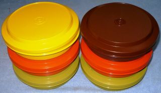 6 Vintage Tupperware Seal - N - Serve Bowls (1206) & Lids (1207) Grn,  Yel,  Org,  Br