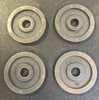 York Barbell 10 Lb Olympic Weight Plates Vintage Usa Stamp Not - Milled 2 Pairs 3
