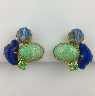 Vintage Green Confetti Cabochon,  Blue Art Glass & Crystal Earrings