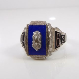Vintage Sterling Silver 1963 Blue Enamel School Class Ring Size 10.  5 Ldl3
