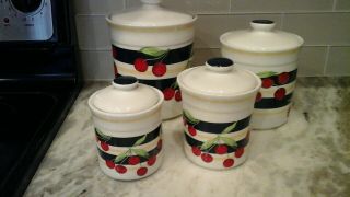Set 4 Ceramic Cherry Canister Set Montgomery Wards Vintage 1950’s Look Red Navy