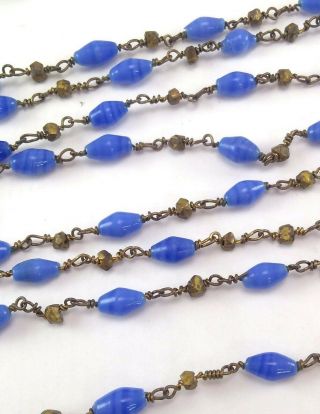 Vintage Art Deco Wired Blue Glass Bead Long Flapper Necklace - 120 Cm