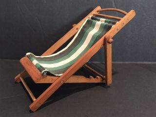 Vintage Striped Folding Wooden & Canvas Deck Chair For Larger Doll House