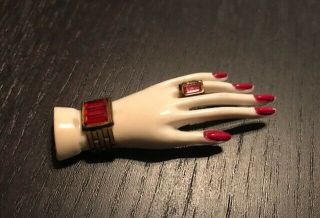 Vintage Art Deco Figural Hand Pin Brooch W/ Rhinestone Ring & Bracelet - France