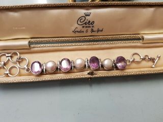 Vintage Sterling Silver Stamped 925 Pearl And Amethyst Cabochon Link Bracelet