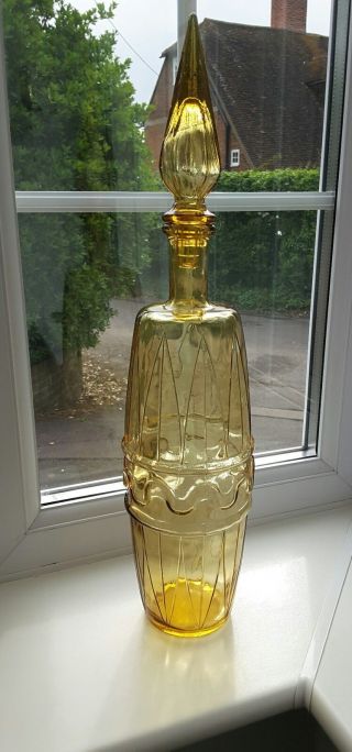 Vintage Empoli Large Italian Amber Glass Geometric Pattern Decanter / Bottle