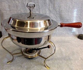 Chrome Brass Aluminum Wood Vintage Holiday Chafing Dish Pan Stand Burner Sh
