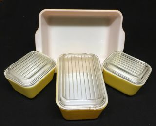 Vintage Set Of Yellow Pyrex Refrigerator Dishes With Lids
