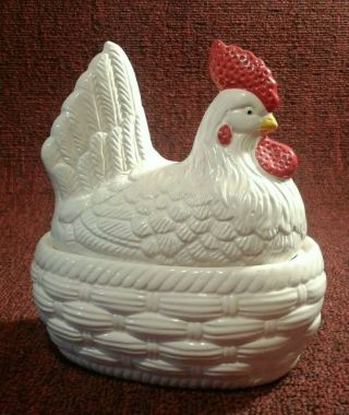 Vintage White Ceramic Chicken Hen On Nest Dish Trinket Candy Condiment Bowl Lid