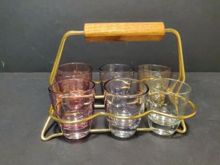 Vintage Set Of 6 Colored Shot Glasses In A Gold Metal Carrier