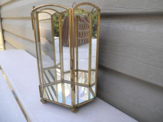 Vintage Mirrored Brass Hanging / Tabletop Display Case Ball Feet 6 Sided