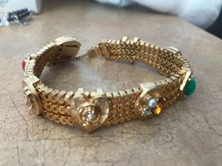 Vtg Mid Century Gold Tone Turquoise Jade Heart Crystal Pearl Bracelet 7.  5 "