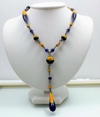 Art Deco Vtg Blue & Gold Swirl Art Glass Flapper Lavalier Necklace