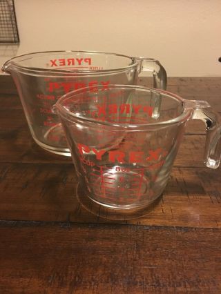 Vintage Set Of 2 Pyrex Glass Measuring Cups (4 Cups And 1 Cup) Red