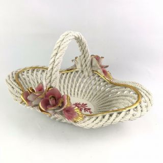 Vintage Italian Capodimonte Porcelain Woven Rope Flowers Basket With Gold Trim