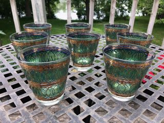 Vintage Set 8 Georges Briard Signed Gold & Green Drinking Glasses Lowball Mcm