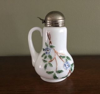 Vintage White Milk Glass Syrup Pitcher With Raised Colorful Flowers