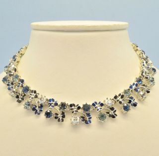 Vintage Necklace Coro 1950s Blue Enamel Leaves & Crystal Silvertone Jewellery