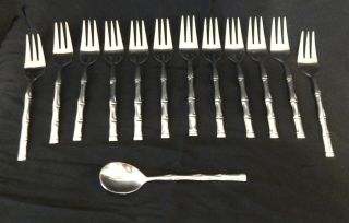 Vintage Stainless Bamboo Handle 12 Cocktail Forks 1 Sugar Spoon Korea