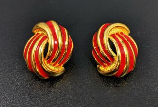 Vintage Gold Tone Red Enamel Stud Push Back Earrings Jewellery Signed Napier