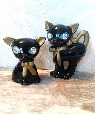 Vintage Lefton Japan Black Cat S&p With Jeweled Eyes